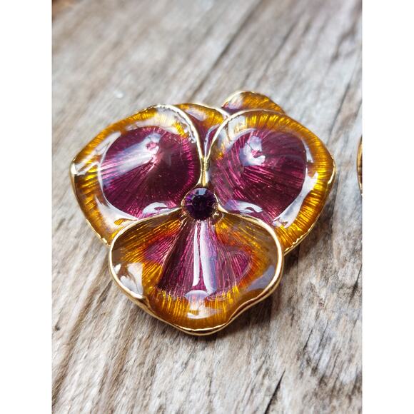 2 Vintage Joan Rivers Rhinestone Pansy Flower Guilloche Enamel Brooches - Picture 2 of 8